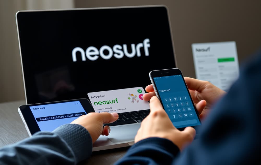 Person kjøper Neosurf-kupong på laptop med mobiltelefon ved siden av som viser PIN-kode