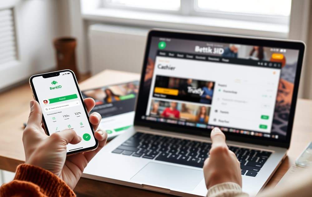 Person som bruker BankID på mobil for å betale på en bettingside med Trustly.