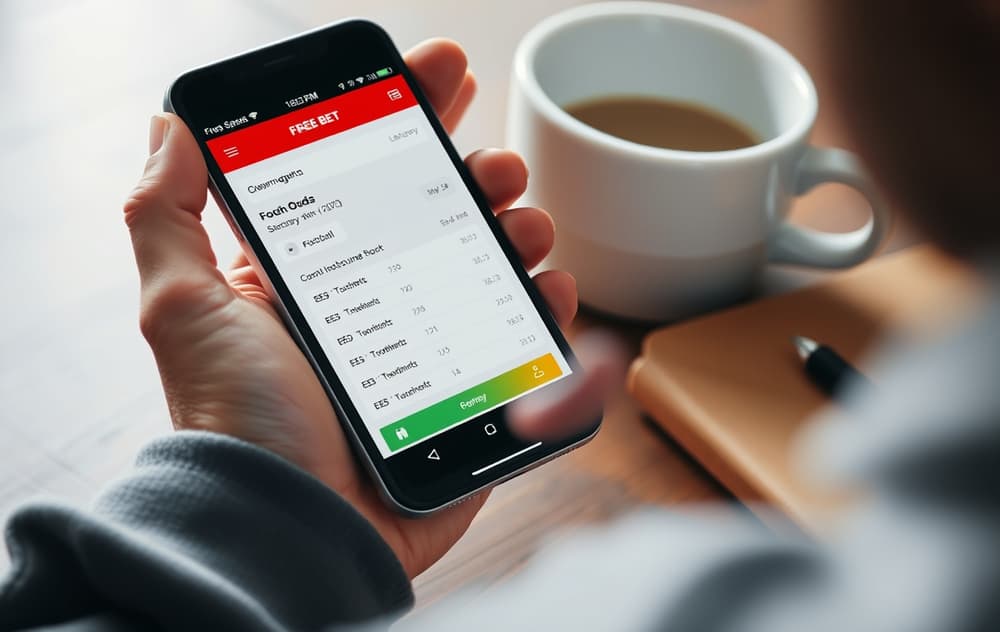 Norsk spiller som setter et spill med høy odds på en mobiltelefon, med gratisspill-banner.