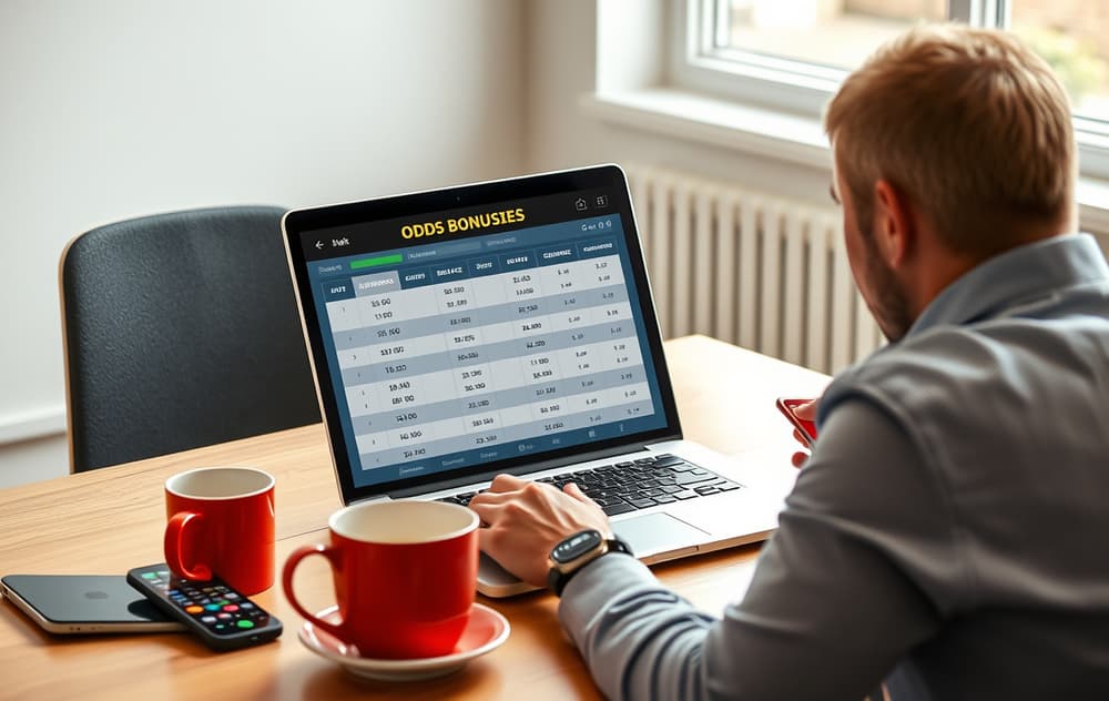 Norsk spiller som sammenligner oddsbonuser og omsetningskrav på laptop