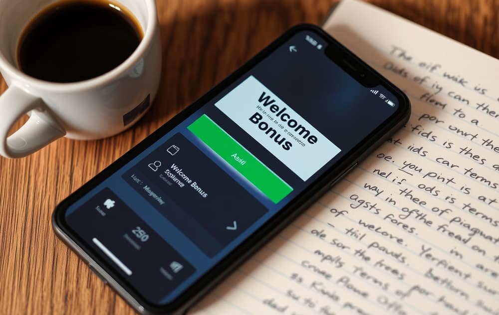 Smarttelefon med betting-app og velkomstbonus-notifikasjon, ved siden av kaffekopp og notatbok