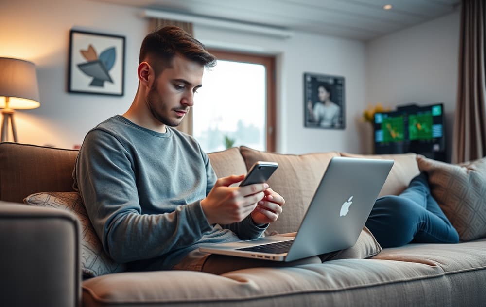 Person som sjekker odds på laptop og mobil i en koselig norsk stue