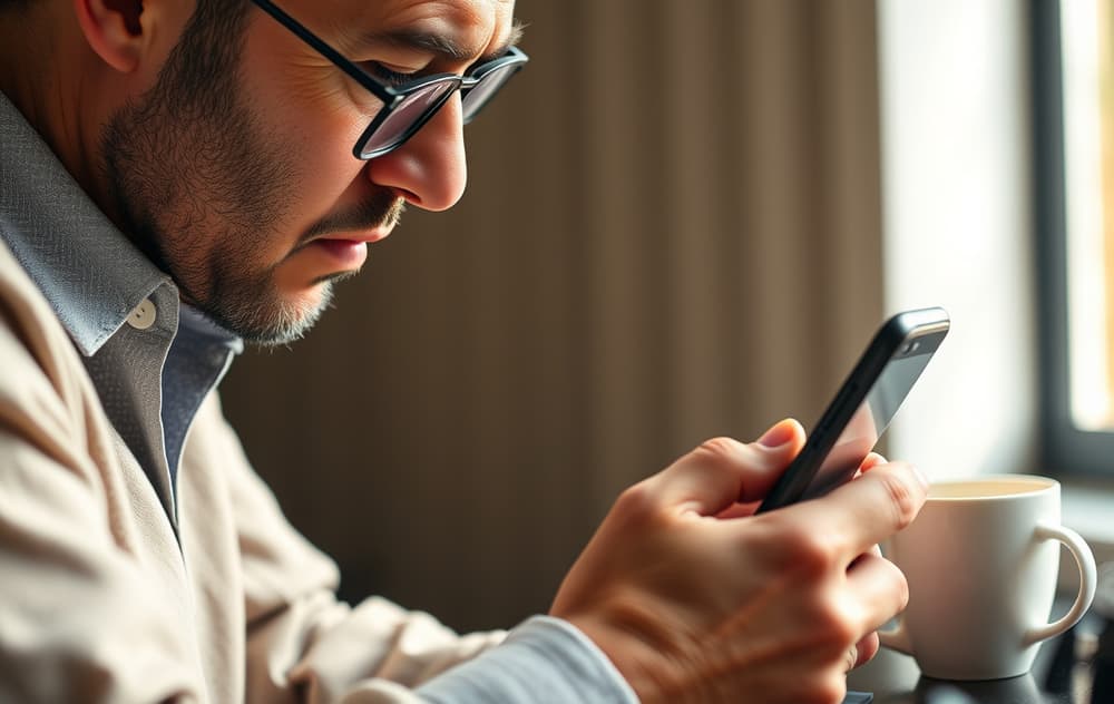 Person som leser bonusvilkår på mobil, ser forvirret ut