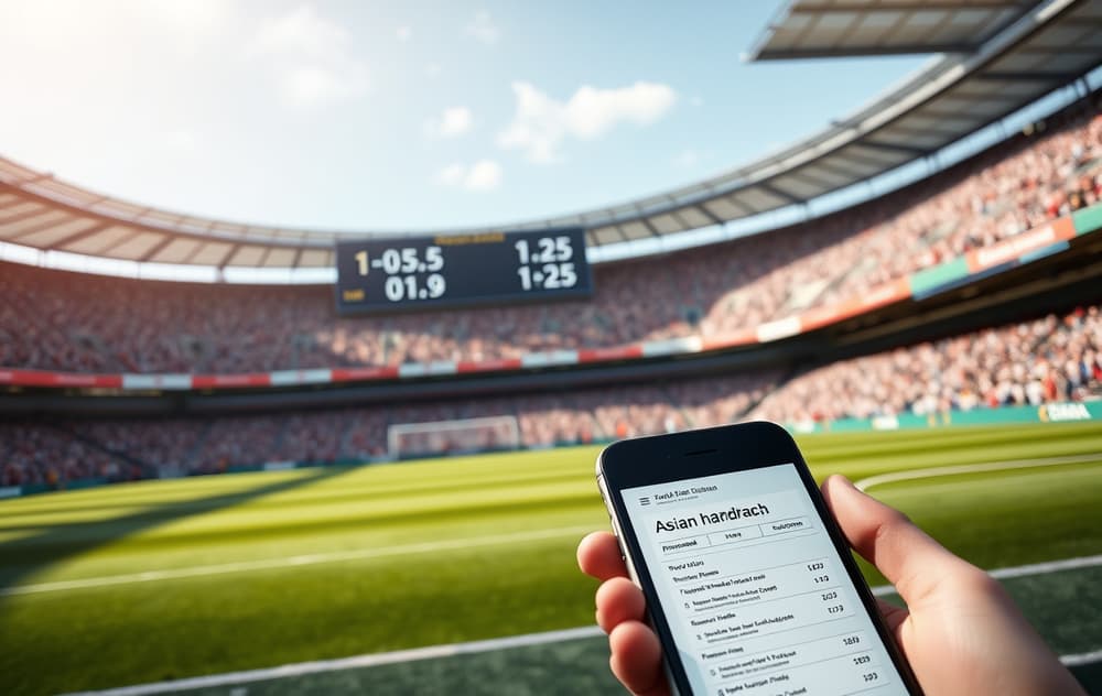Fotballkamp med Asian handicap-odds på resultattavle og en mobil med spillskjerm i forgrunnen