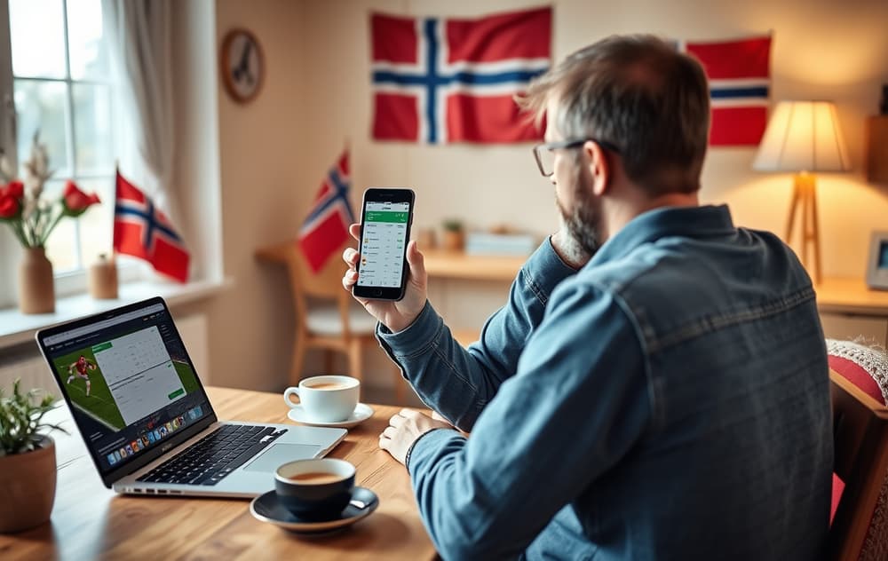 Norsk spiller som sjekker fotballodds på mobilen hjemme, med norsk flagg i bakgrunnen.