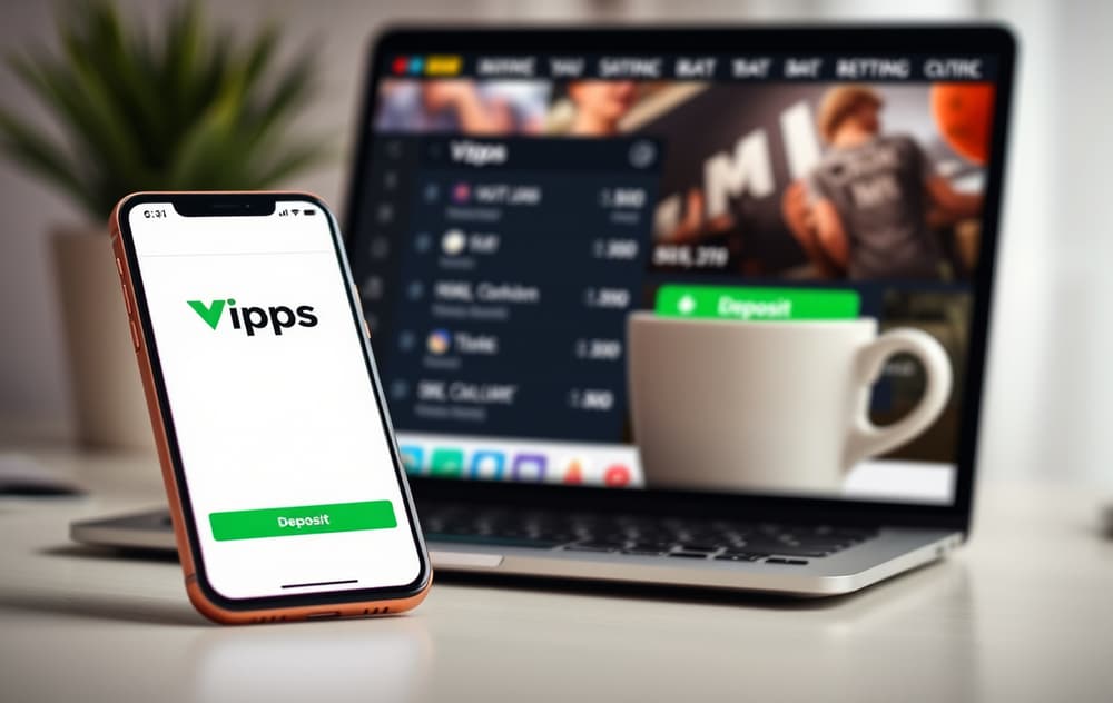 Smarttelefon med Vipps-appen og en laptop som viser en bookmakers innskuddsside