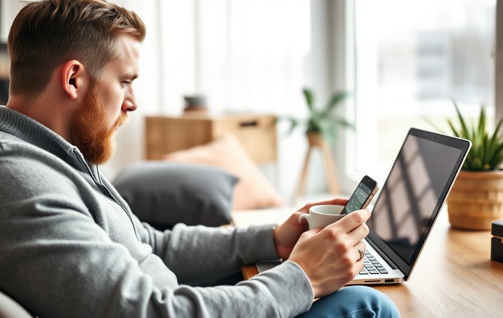Norsk sportsfan sjekker fotballodds på laptop med mobil og kaffekopp, moderne hjemmeinteriør.