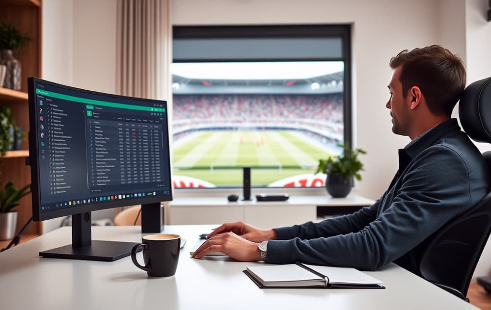 En person som sammenligner odds fra flere bookmakere på to skjermer, med fotball på TV-en