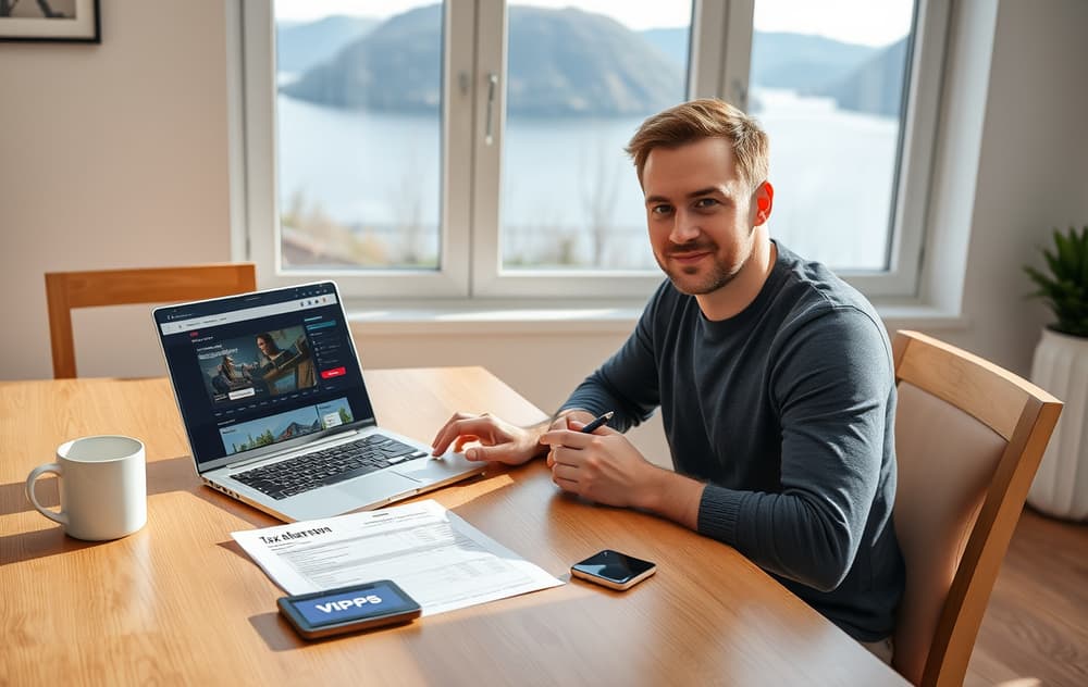 Norsk mann som analyserer bettinggevinster med kalkulator, skatteskjema og Vipps-telefon på bordet, foran et vindu med fjordutsikt.