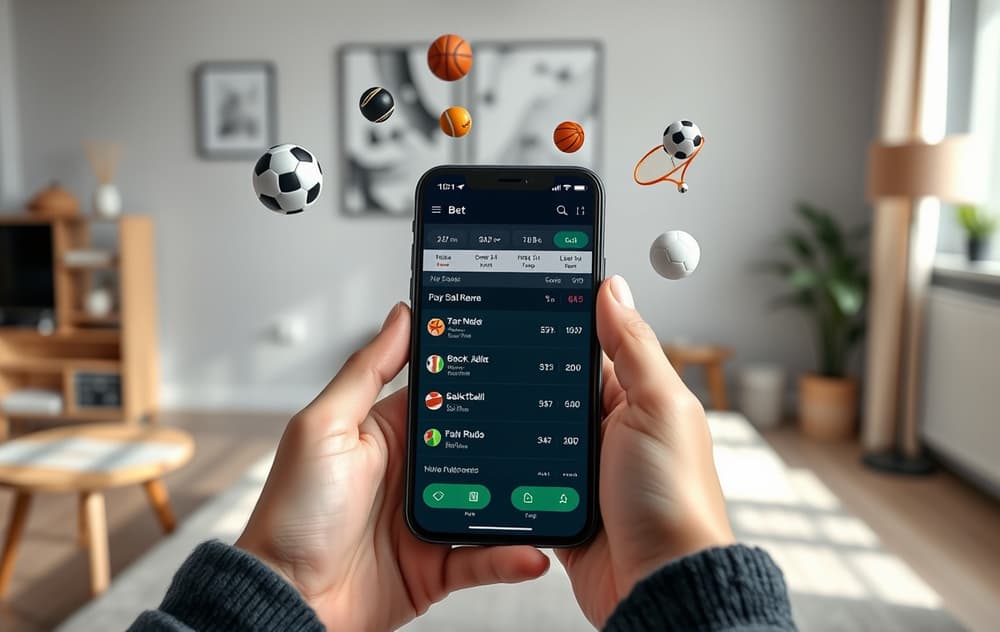 Person som sammenligner bettingapper på mobil med odds og sportsikoner