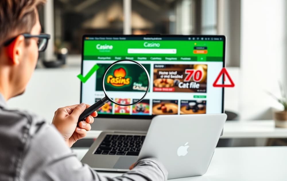 En person som sammenligner casinoer på en laptop med et forstørrelsesglass