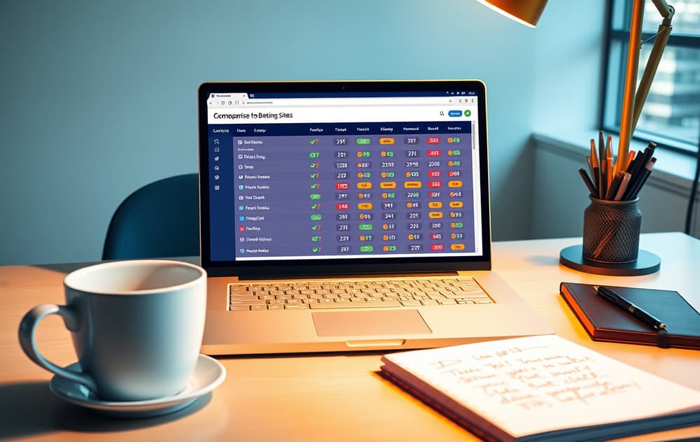 Sammenligning av nye bettingsider på en laptop med notater og kaffekopp
