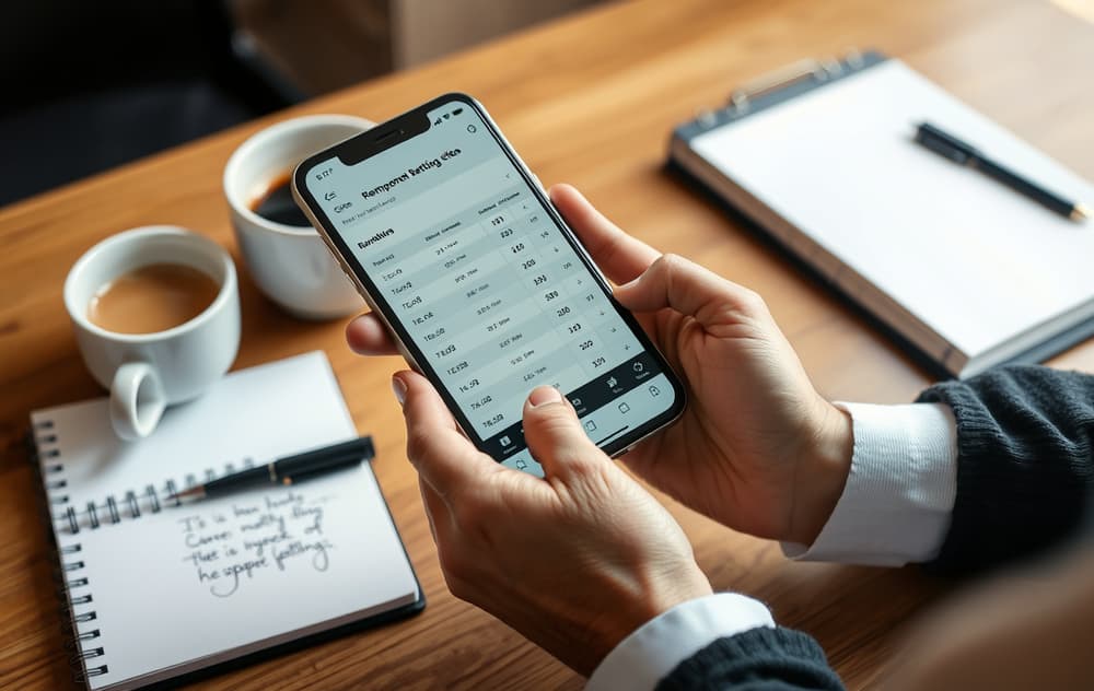 En person som sammenligner bettingsider med oddsbonus på mobilen, med notater og kaffekopp på bordet.