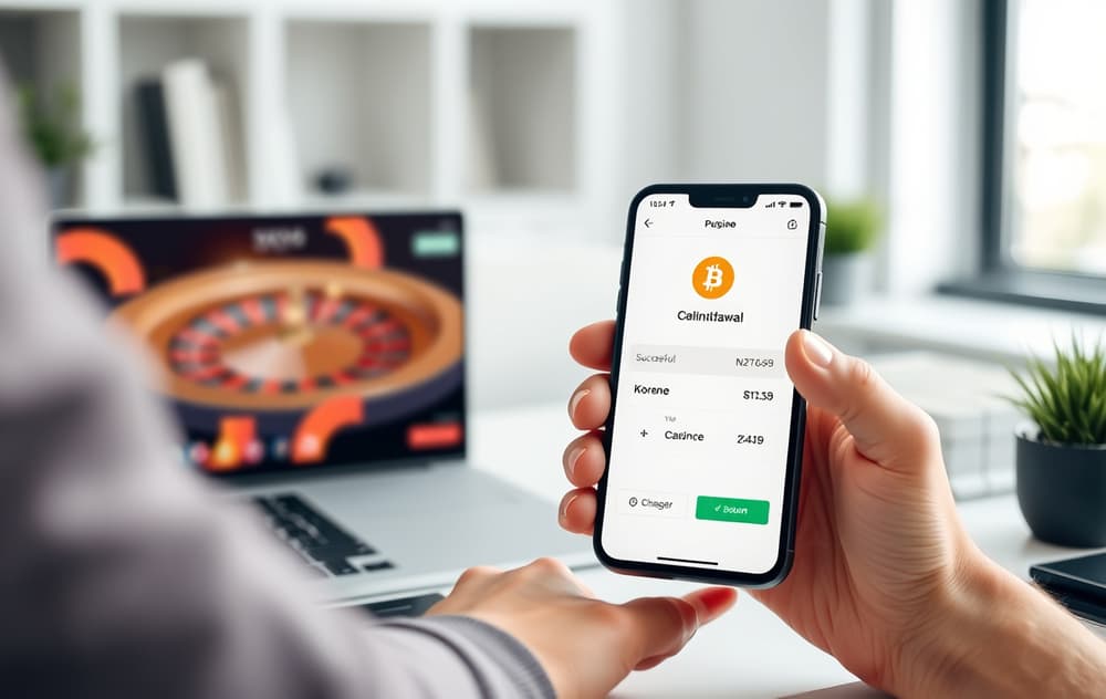 Person som mottar en utbetalingsbekreftelse fra et nettcasino på mobilen, med digital lommebok som viser Bitcoin og norske kroner.