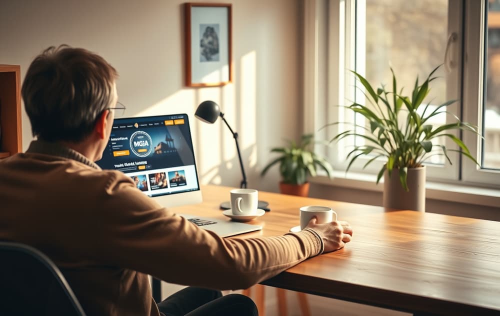 En person sitter ved et skrivebord og ser på en laptop med et casino nettsted, MGA-lisens synlig, koselig norsk hjemmekontor.