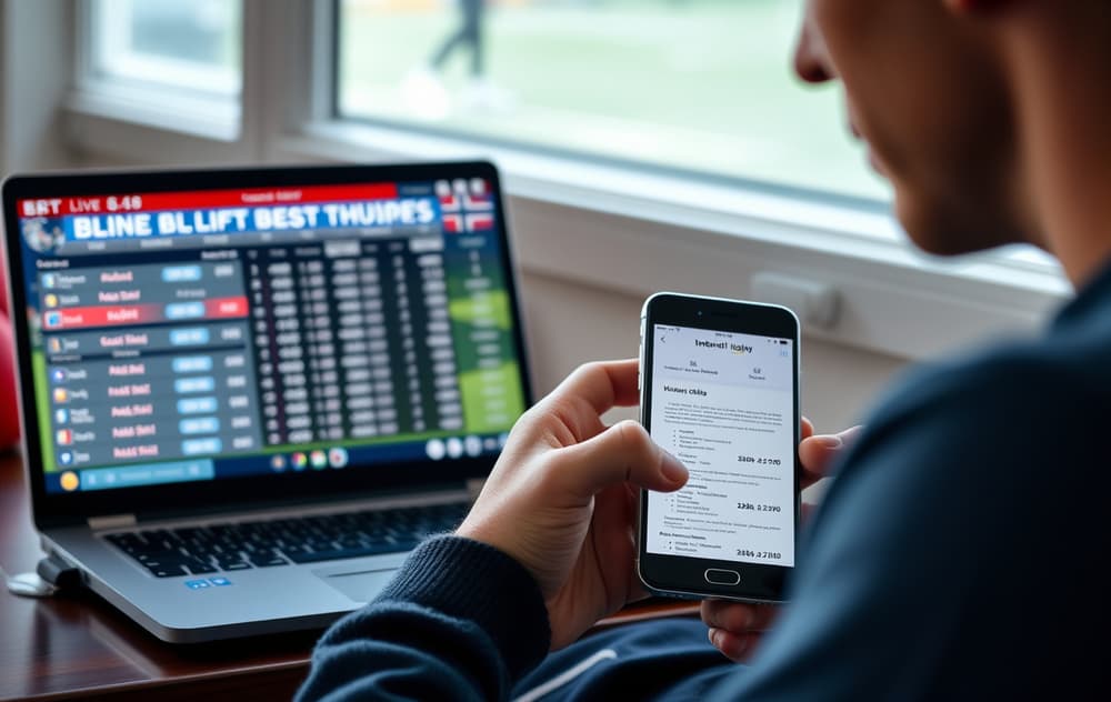 Norsk fotballspiller ser på odds på mobil og laptop