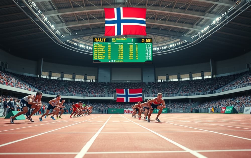 Friidrettsbane med 100m sprint og odds-tavle i bakgrunnen