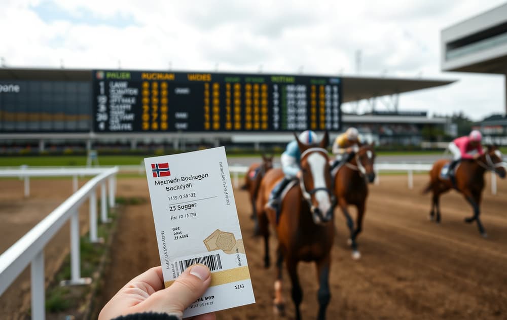 Hest i målgang med odds på skjerm og pengeseddel foran