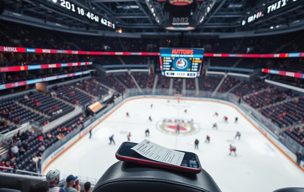 Ishockeyarena med spillere på isen, resultattavle i bakgrunnen og en mobil med oddskupong i forgrunnen