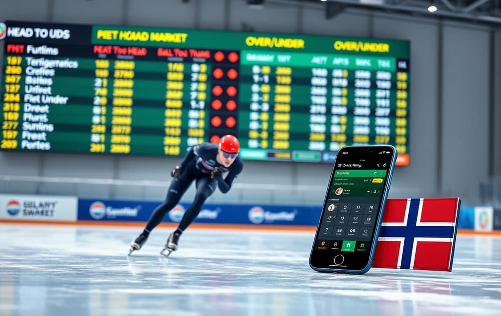 Skøyteløper i aksjon med oddsboard og bettingapp i bakgrunnen