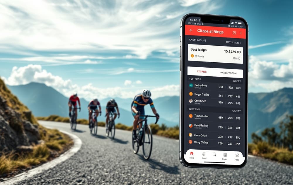 Sykling i fjellet med en mobiltelefon som viser odds for betting, redaksjonelt bilde.